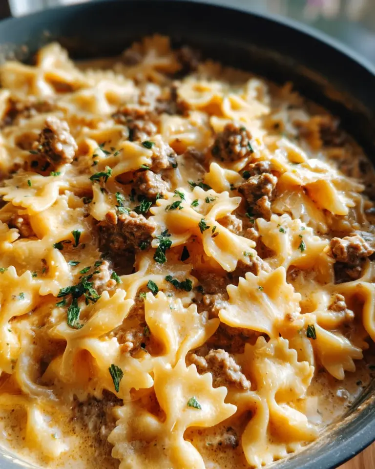 Cheesy Beef And Bowtie Pasta In Garlic Butter