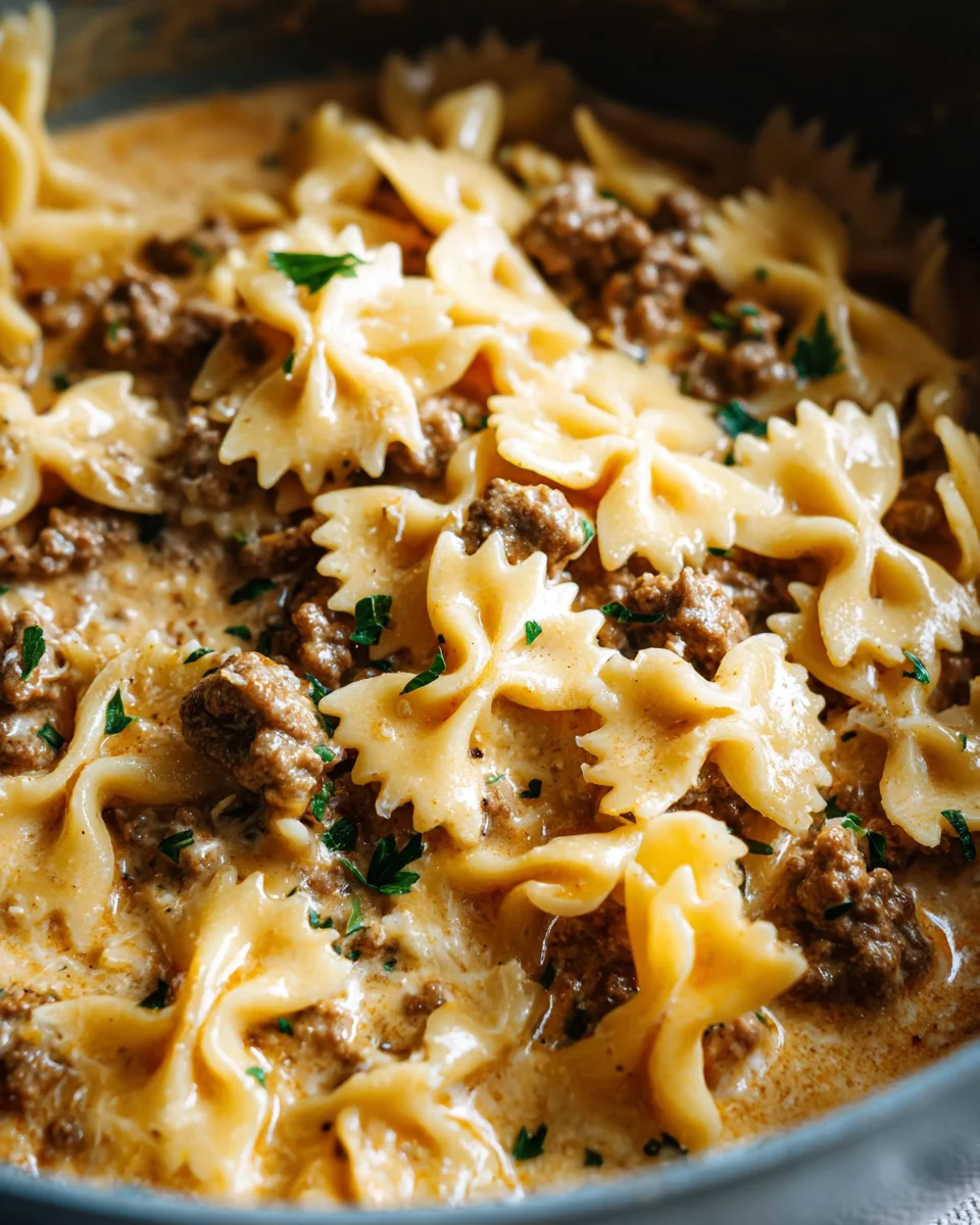 Cheesy Beef And Bowtie Pasta In Garlic Butter Cheesy