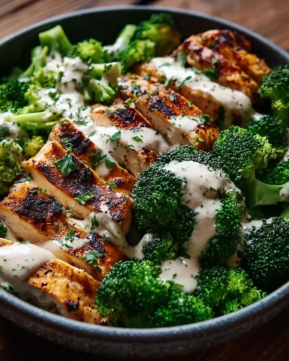 Grilled Chicken & Broccoli Bowls with Creamy Garlic Sauce Grilled