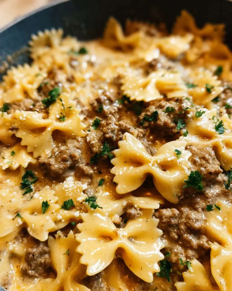 Cheesy Beef and Bowtie Pasta in Garlic Butter