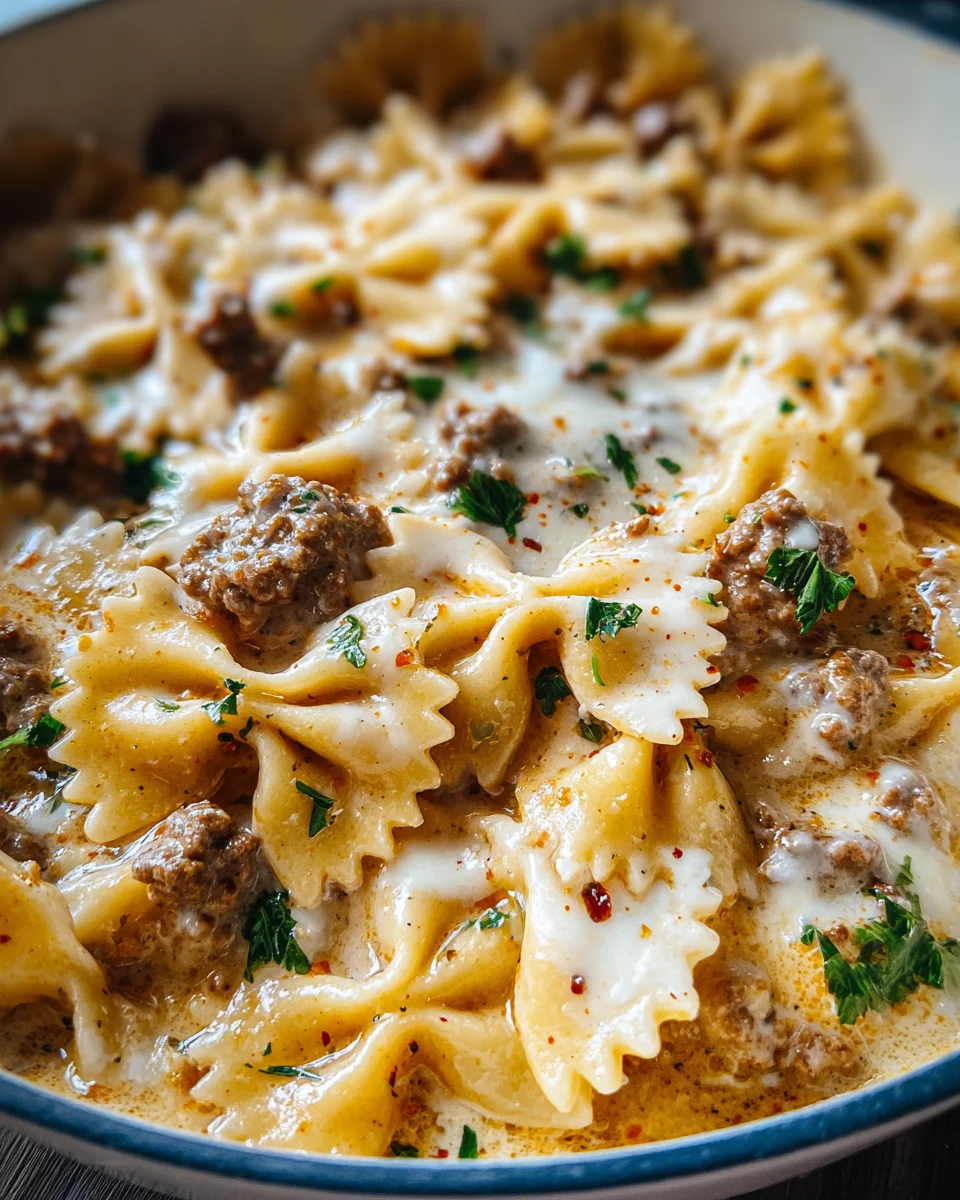 Cheesy Beef and Bowtie Pasta in Garlic Butter Cheesy