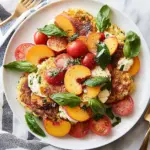 Corn Fritter Caprese with Peaches and Tomatoes Corn Fritter Caprese with Peaches and Tomatoes