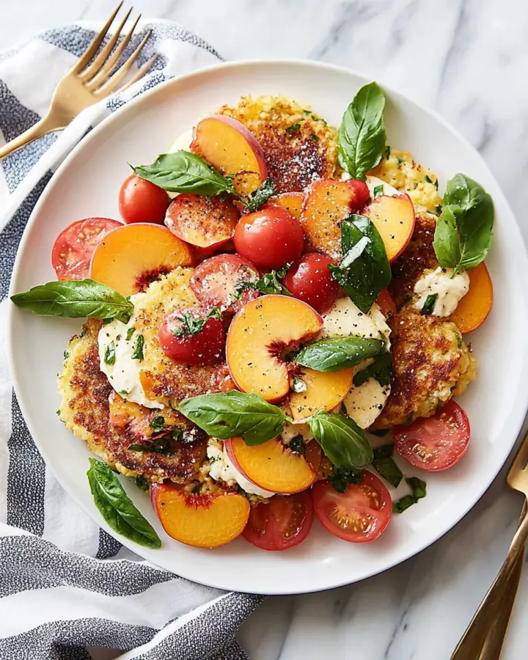 Corn Fritter Caprese with Peaches and Tomatoes