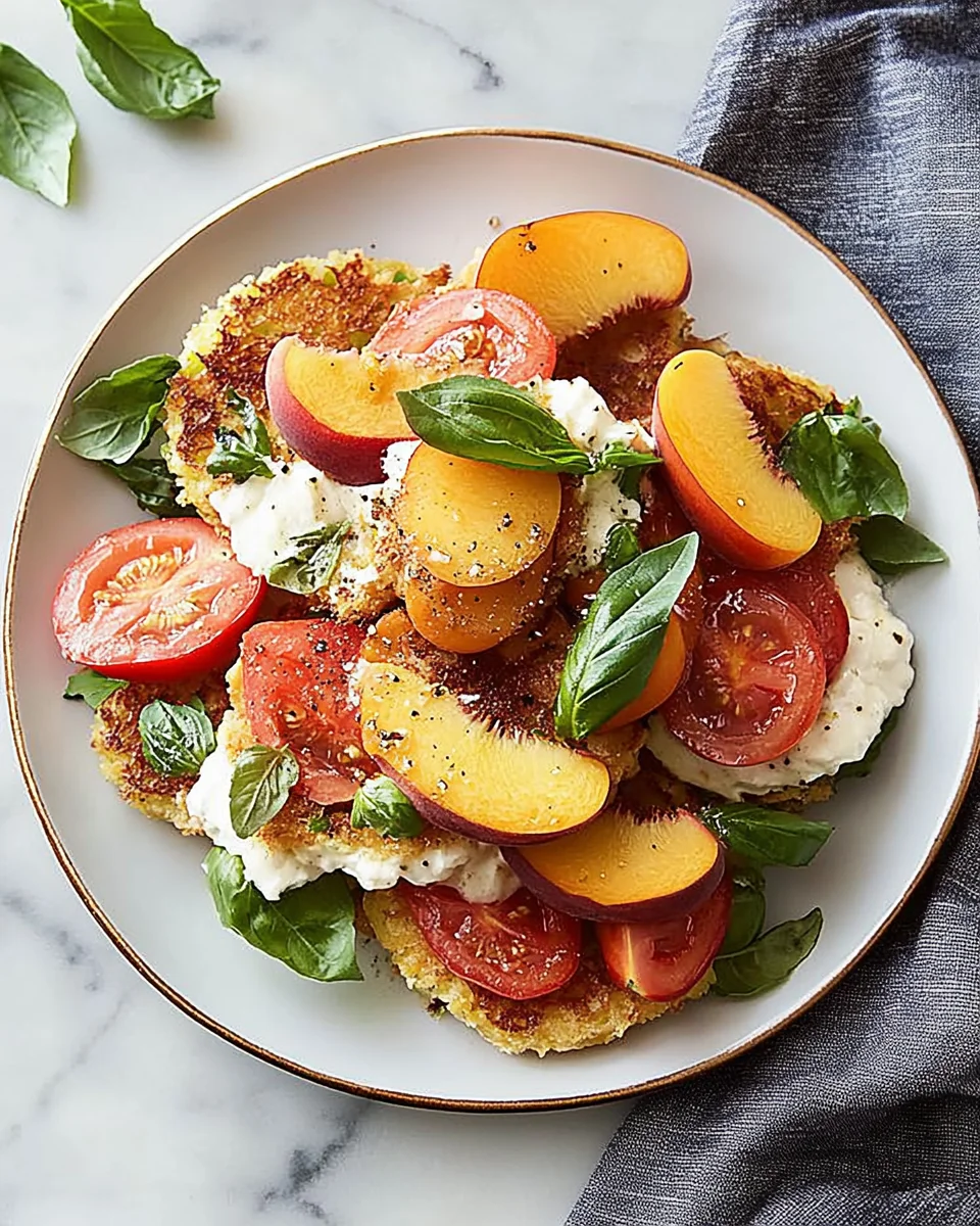 Corn Fritter Caprese with Peaches and Tomatoes Corn
