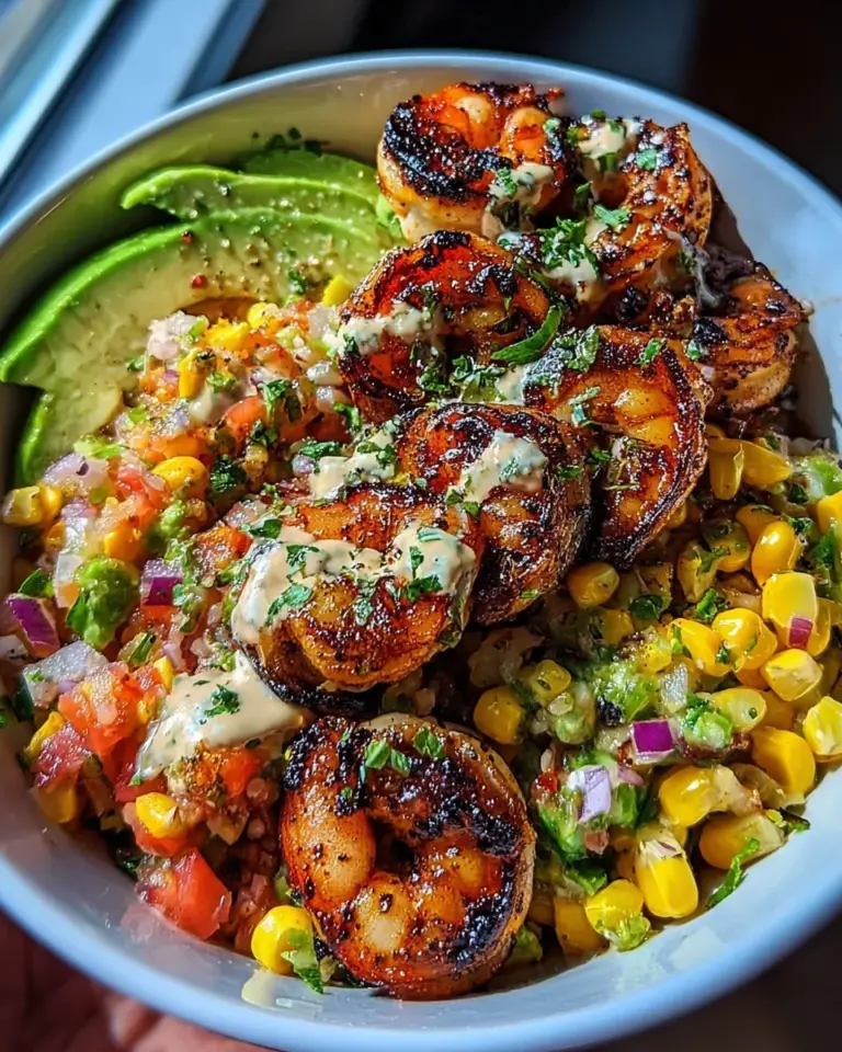 Grilled Shrimp Bowl with Avocado, Corn Salsa & Creamy Garlic Sauce