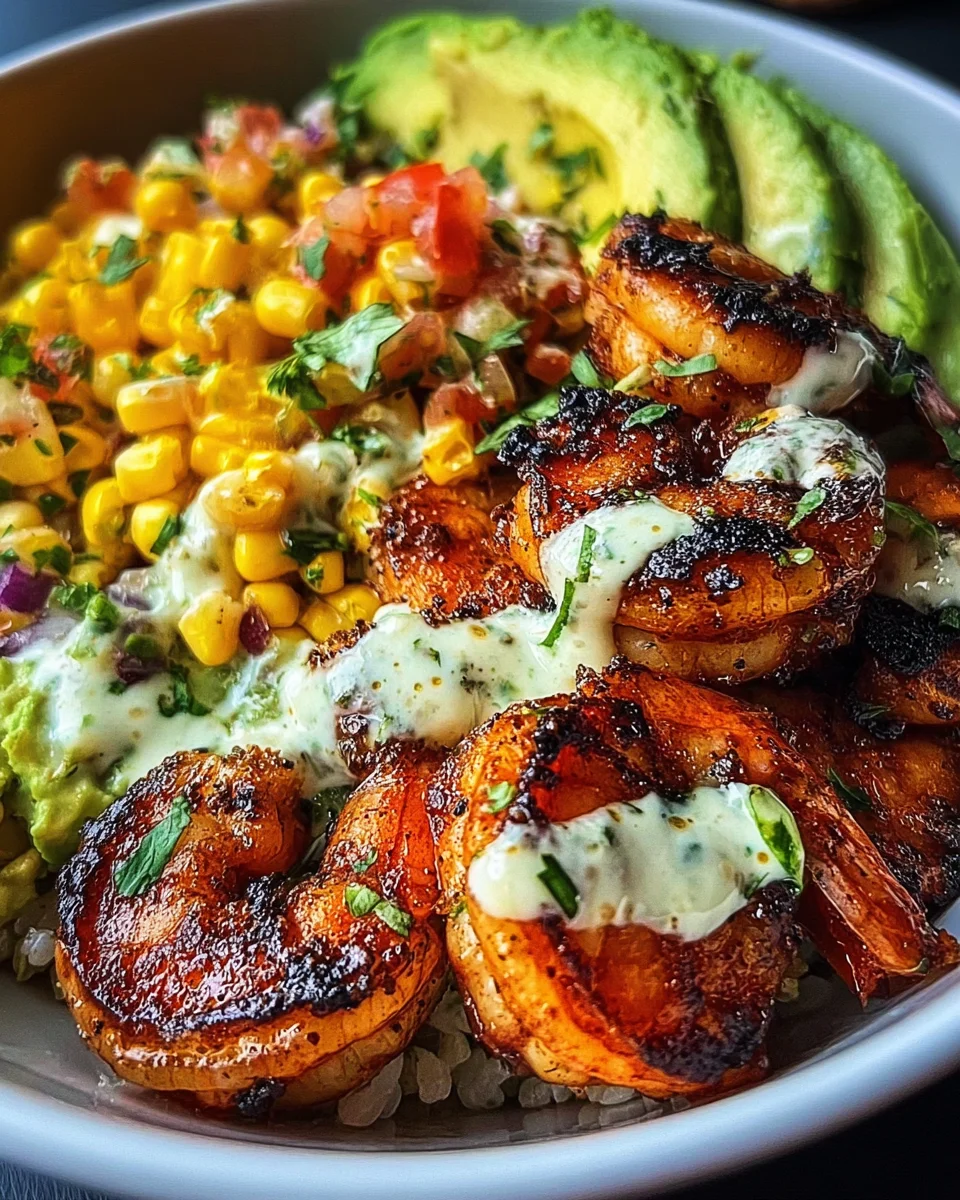 Grilled Shrimp Bowl with Avocado, Corn Salsa & Creamy Garlic Sauce Grilled