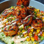 Grilled Shrimp Bowl with Avocado, Corn Salsa & Creamy Sauce Grilled Shrimp Bowl with Avocado, Corn Salsa & Creamy Sauce