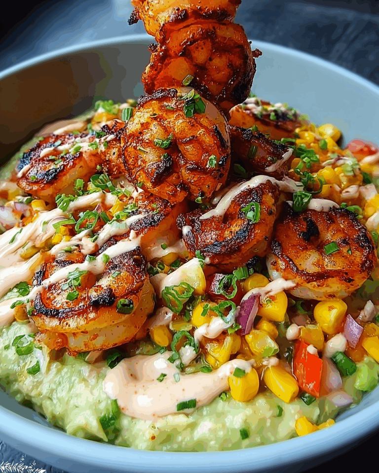 Grilled Shrimp Bowl with Avocado, Corn Salsa & Creamy Sauce