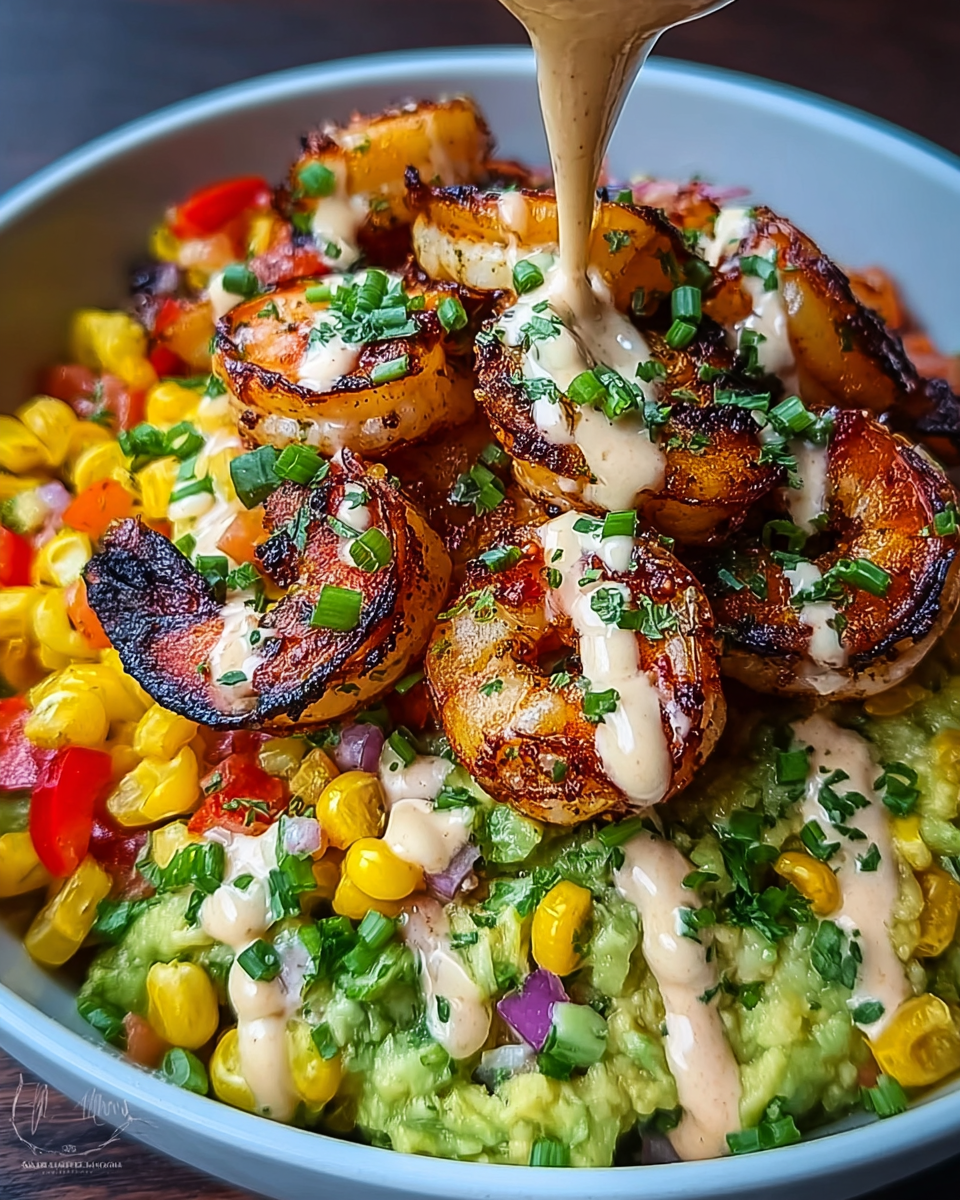 Grilled Shrimp Bowl with Avocado, Corn Salsa & Creamy Sauce Grilled