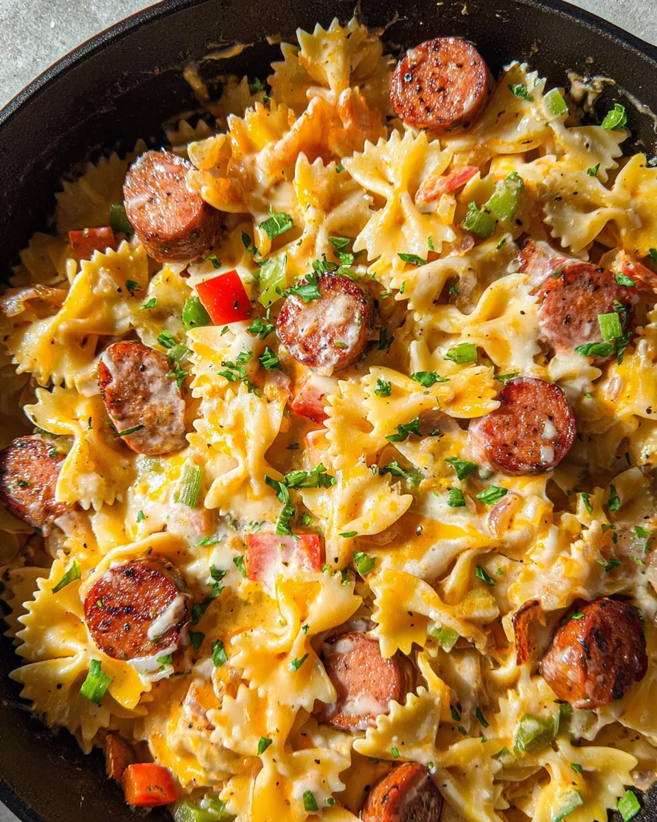 One Pan Cheesy Smoked Sausage & Pasta One