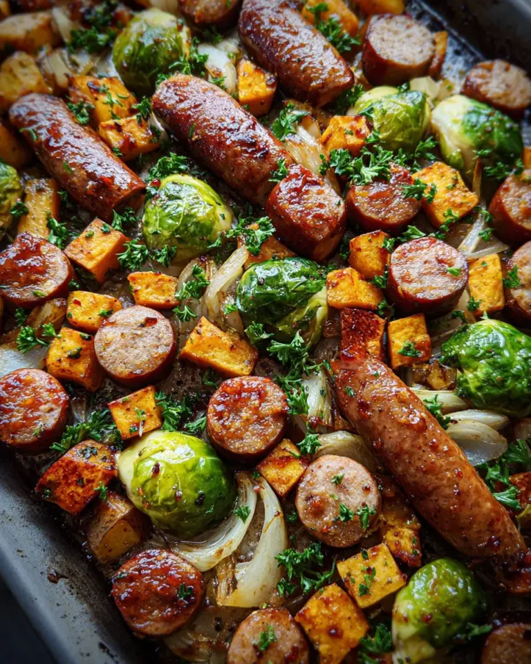 Sheet Pan Sausage And Sweet Potatoes With Honey Garlic Sauce