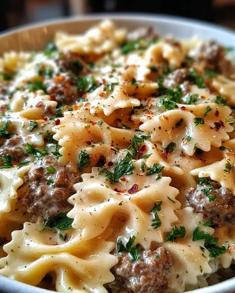 Beef and Bowtie Pasta with Alfredo Sauce