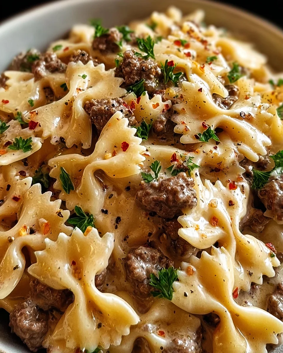 Beef and Bowtie Pasta with Alfredo Sauce Beef