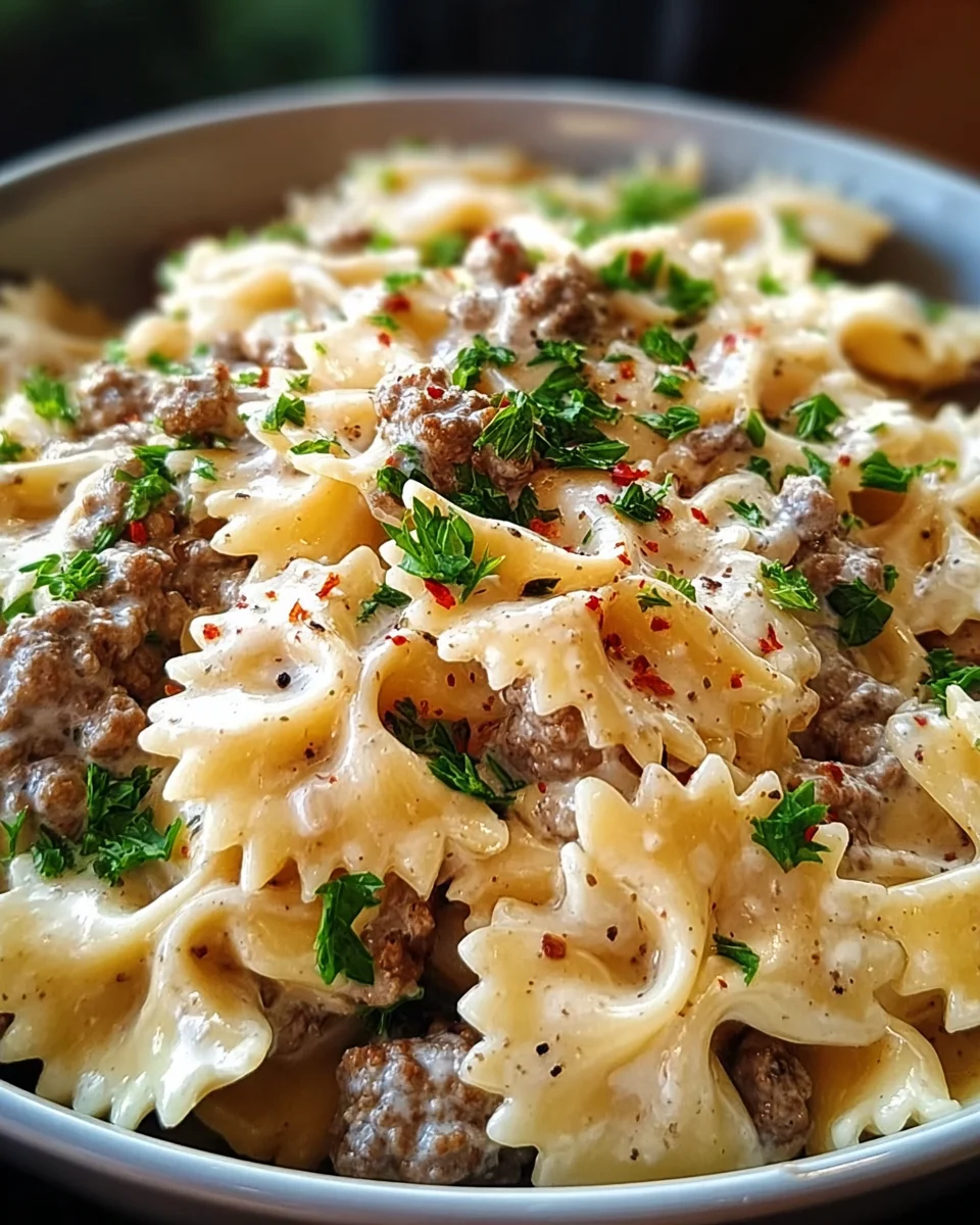 Beef and Bowtie Pasta with Alfredo Sauce Beef