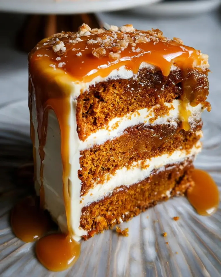 Pumpkin Cake with Cream Cheese Frosting and Salted Caramel Drizzle