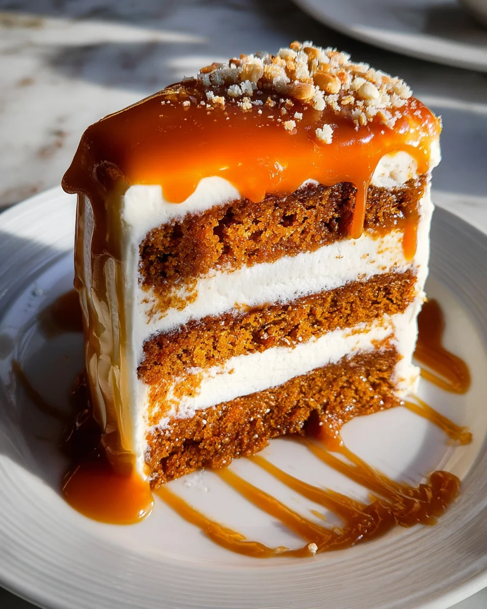 Pumpkin Cake with Cream Cheese Frosting and Salted Caramel Drizzle Pumpkin