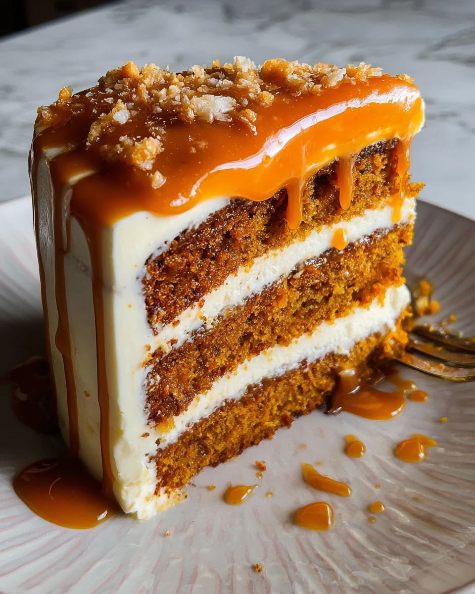 Pumpkin Cake with Cream Cheese Frosting and Salted Caramel Drizzle Pumpkin