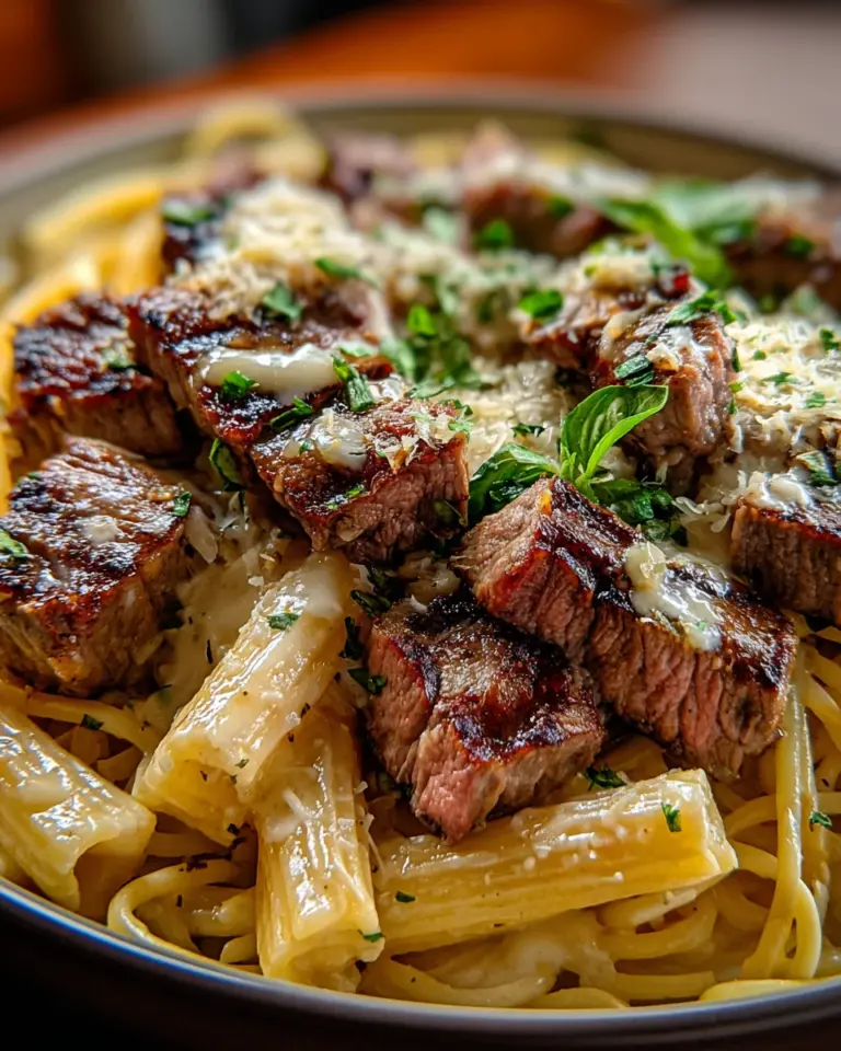 Steak and Creamy Garlic Parmesan Pasta