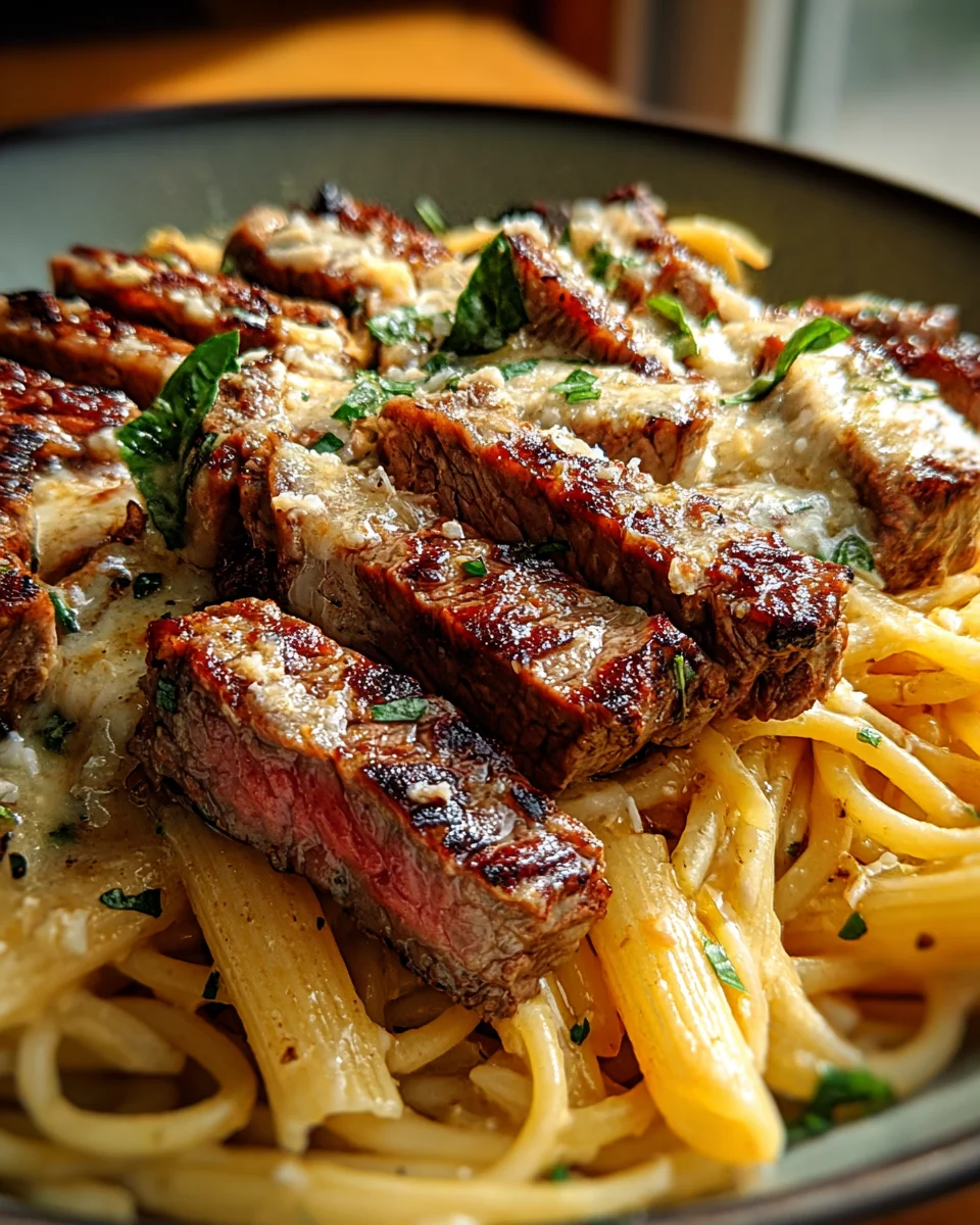 Steak and Creamy Garlic Parmesan Pasta Steak