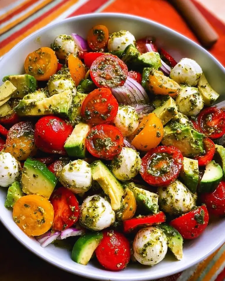Tomato Cucumber Avocado Salad with Mozzarella and Basil Pesto