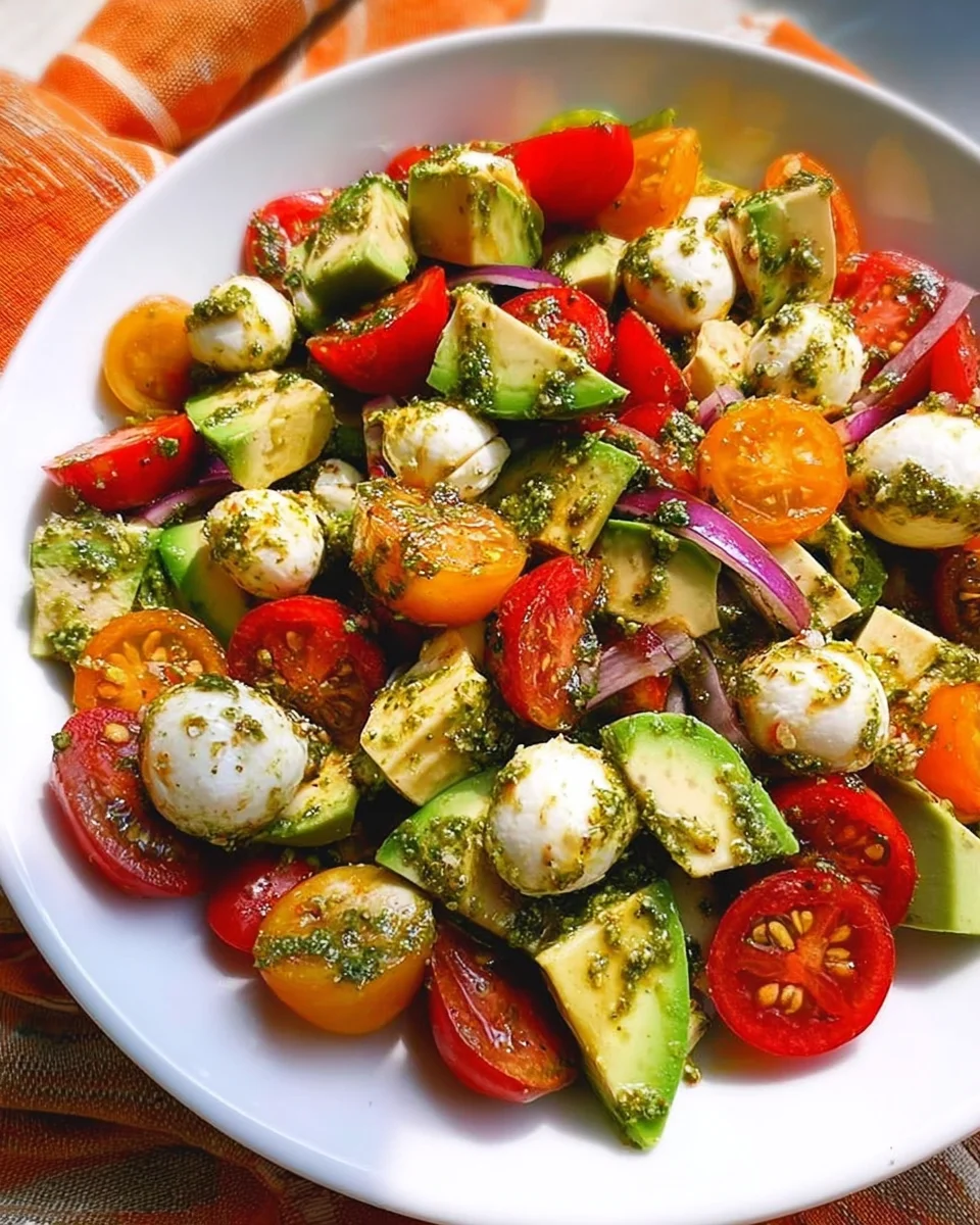 Tomato Cucumber Avocado Salad with Mozzarella and Basil Pesto Tomato