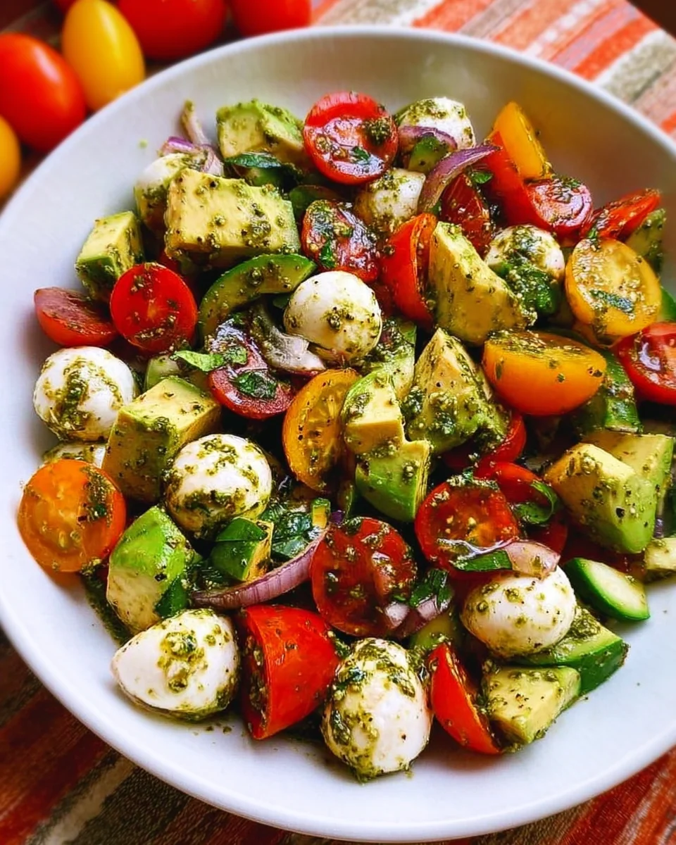 Tomato Cucumber Avocado Salad with Mozzarella and Basil Pesto Tomato